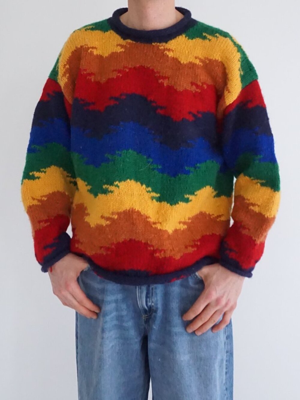 Island Design Rainbow Multi Colour Abstract Hand Knit Wool Statement Sweater M